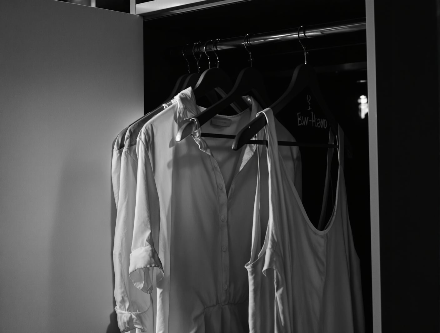 Black-and-white photograph of an open wardrobe rail with a few plain blouses and one dress on wooden hangers, hard side