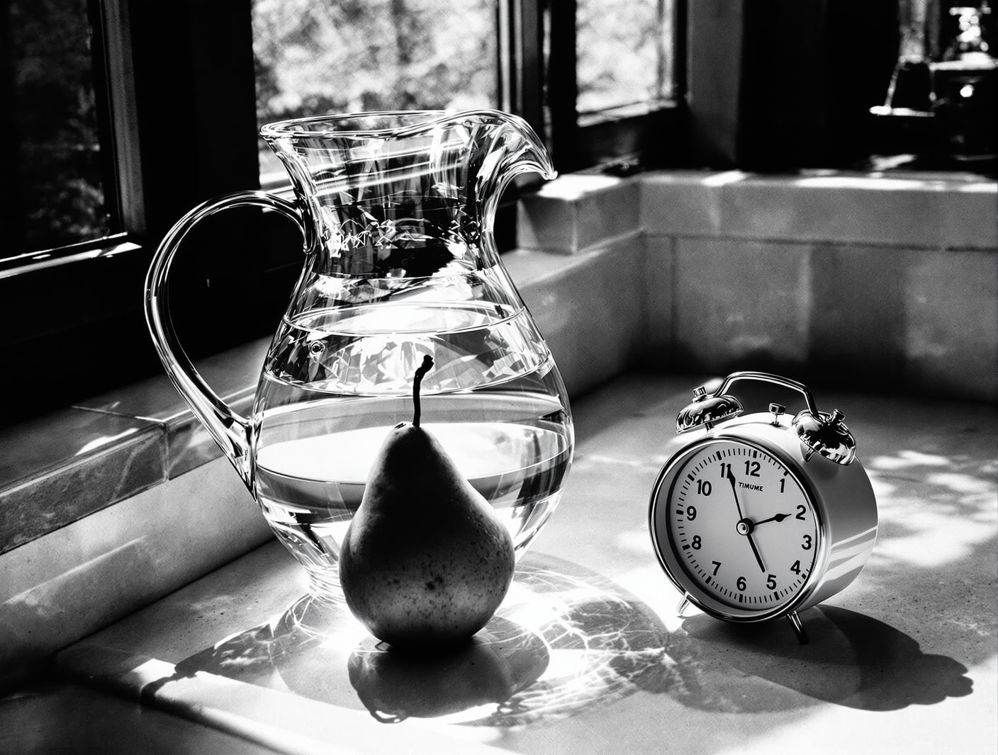 Black-and-white still life shot from the side of a glass carafe of water, a single pear and a small enamel kitchen timer